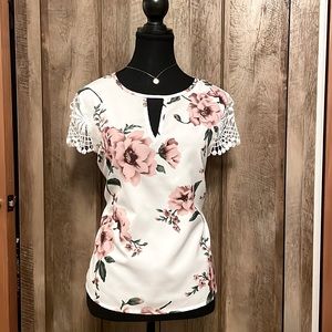 Shein Crew Neck Floral Blouse Casual with Lace Stitching and Keyhole